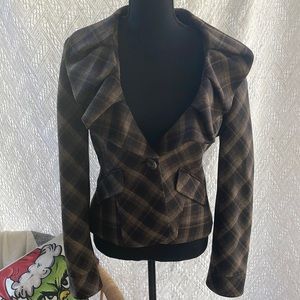 Women's Size Medium BCBGMaxAzria Brown Plaid Ruffle Collar Blazer EUC